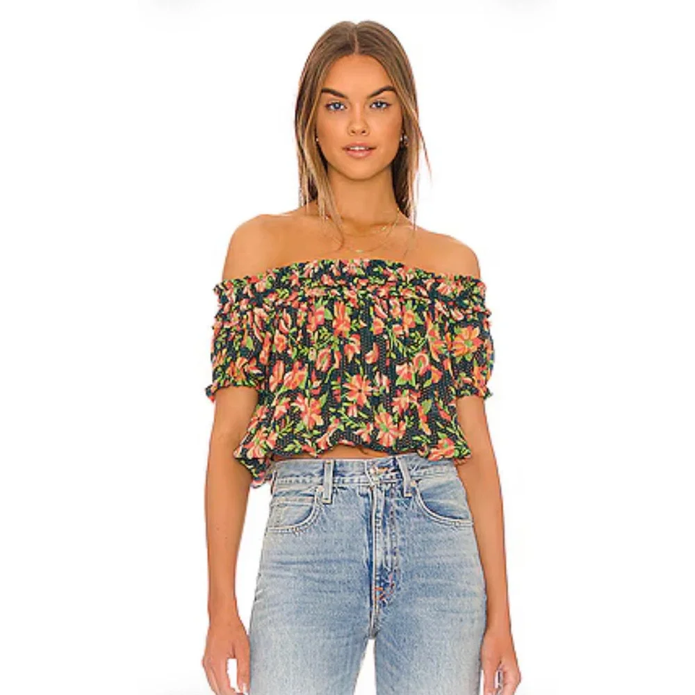 Free People FP One Suki Blouse Garden Combo Floral Off Shoulder Top F21T03306 M